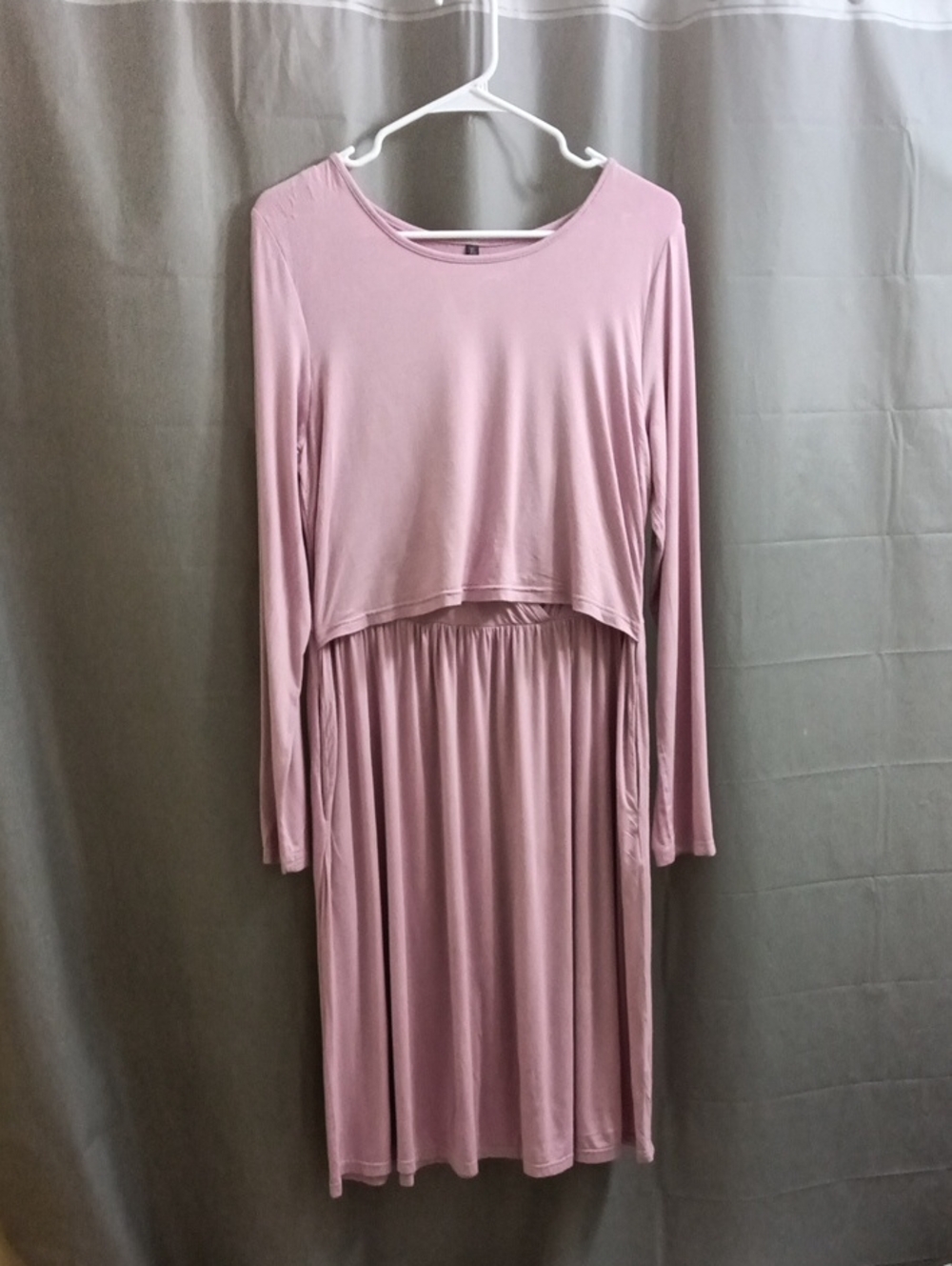 Dusty Pink Long-Sleeve Midi Dress with Gathered Waist
